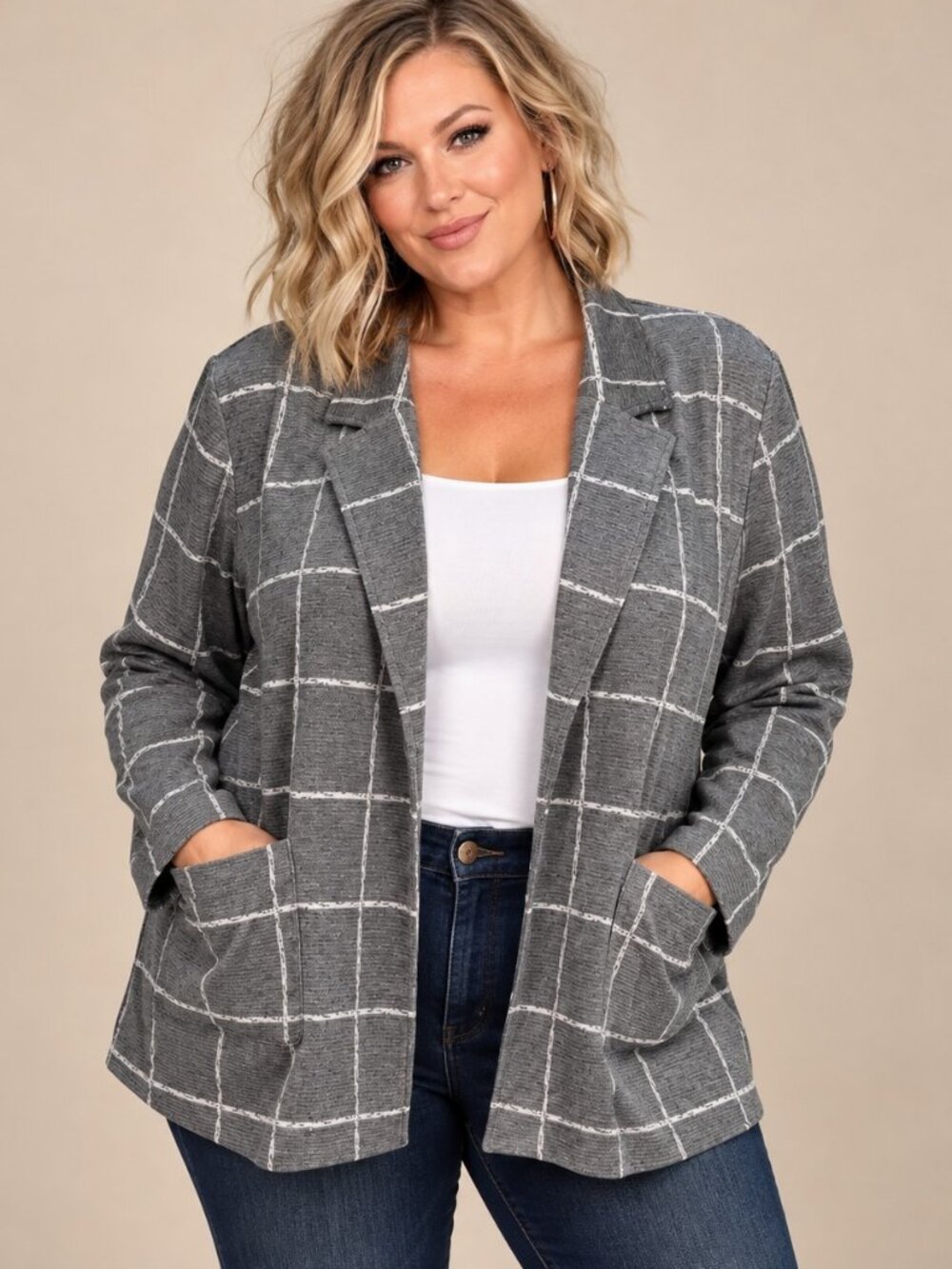 Lane Bryant Gray & White Windowpane Checked Blazer Size 14 /16 XL